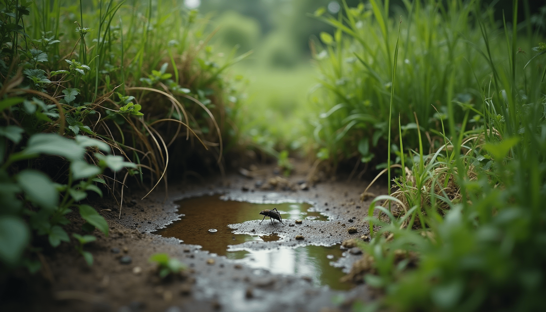 Medium-wide shot of a damp garden corner with lush foliage and a still puddle, representing a biting midges habitat.