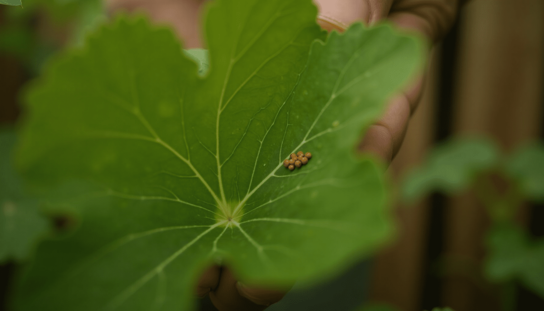 Gardener's hands inspecting a squash leaf for squash bug eggs, demonstrating organic pest control and natural remedies.
