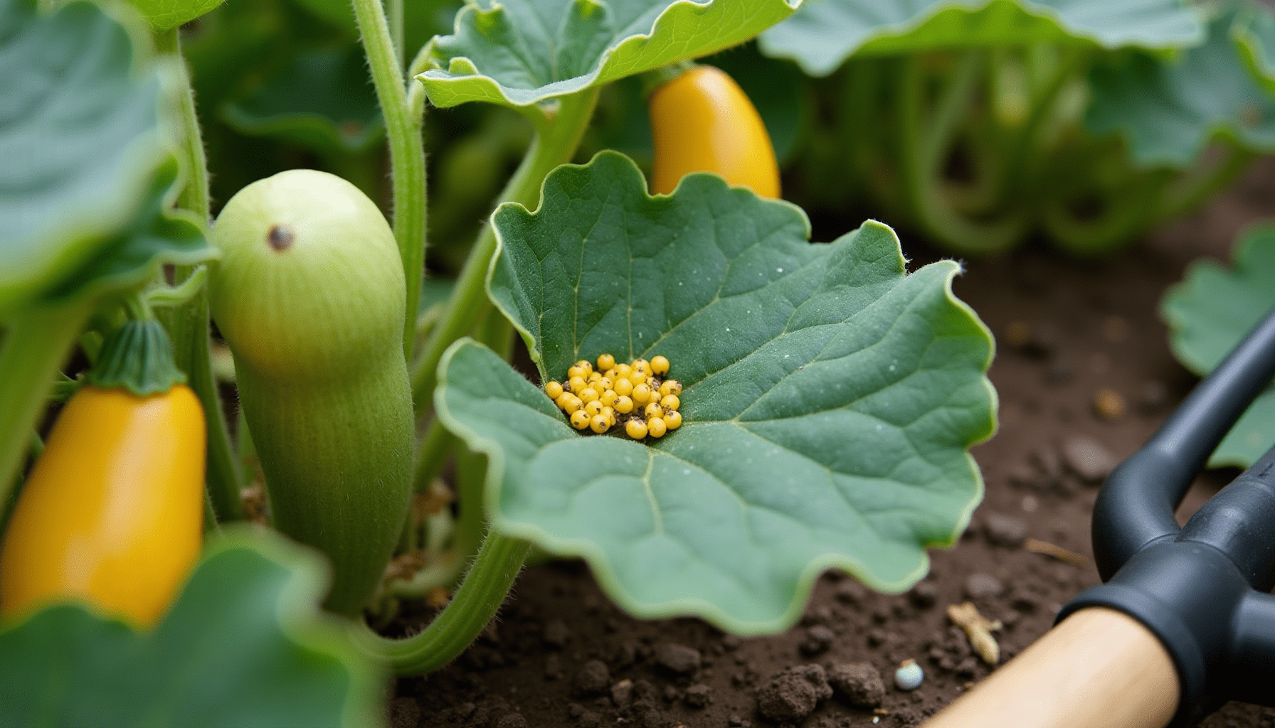 Garden scene showing squash plants with signs of squash bug damage and several squash bugs, highlighting pest management.