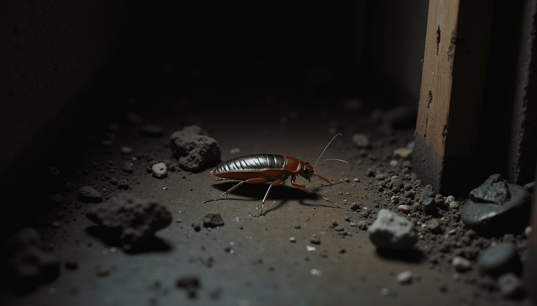 Damp basement corner illustrating the habitat of the Oriental cockroach with signs of moisture.