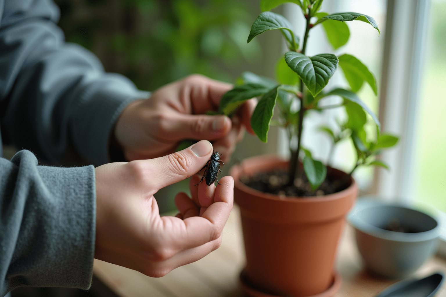 Person inspecting plants for Oriental cockroach signs, emphasizing pest management in a natural setting.
