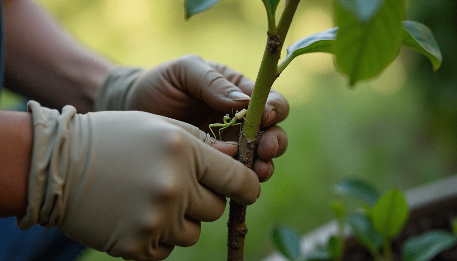 A gardener's hands inspecting a plant with a praying mantis egg case, demonstrating natural pest control.