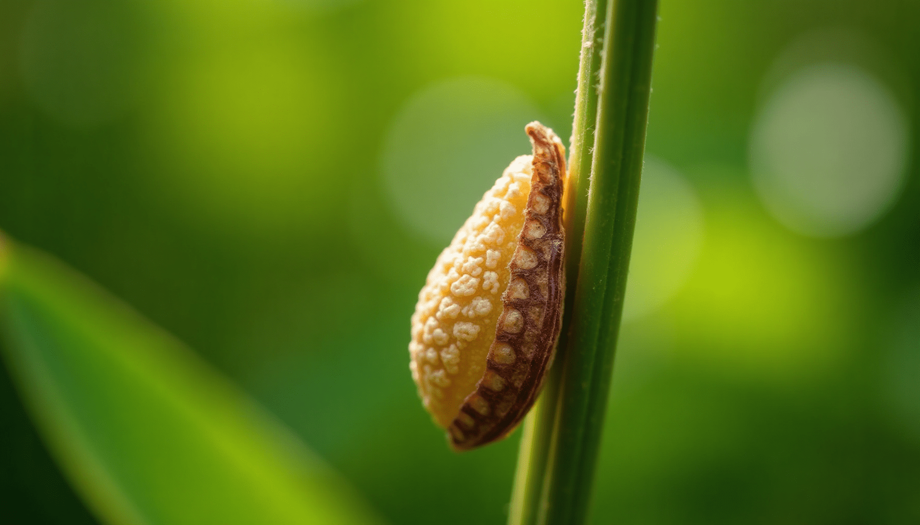 Highly detailed macro shot of a praying mantis egg case on a plant stem, showcasing its intricate texture and natural camouflage.