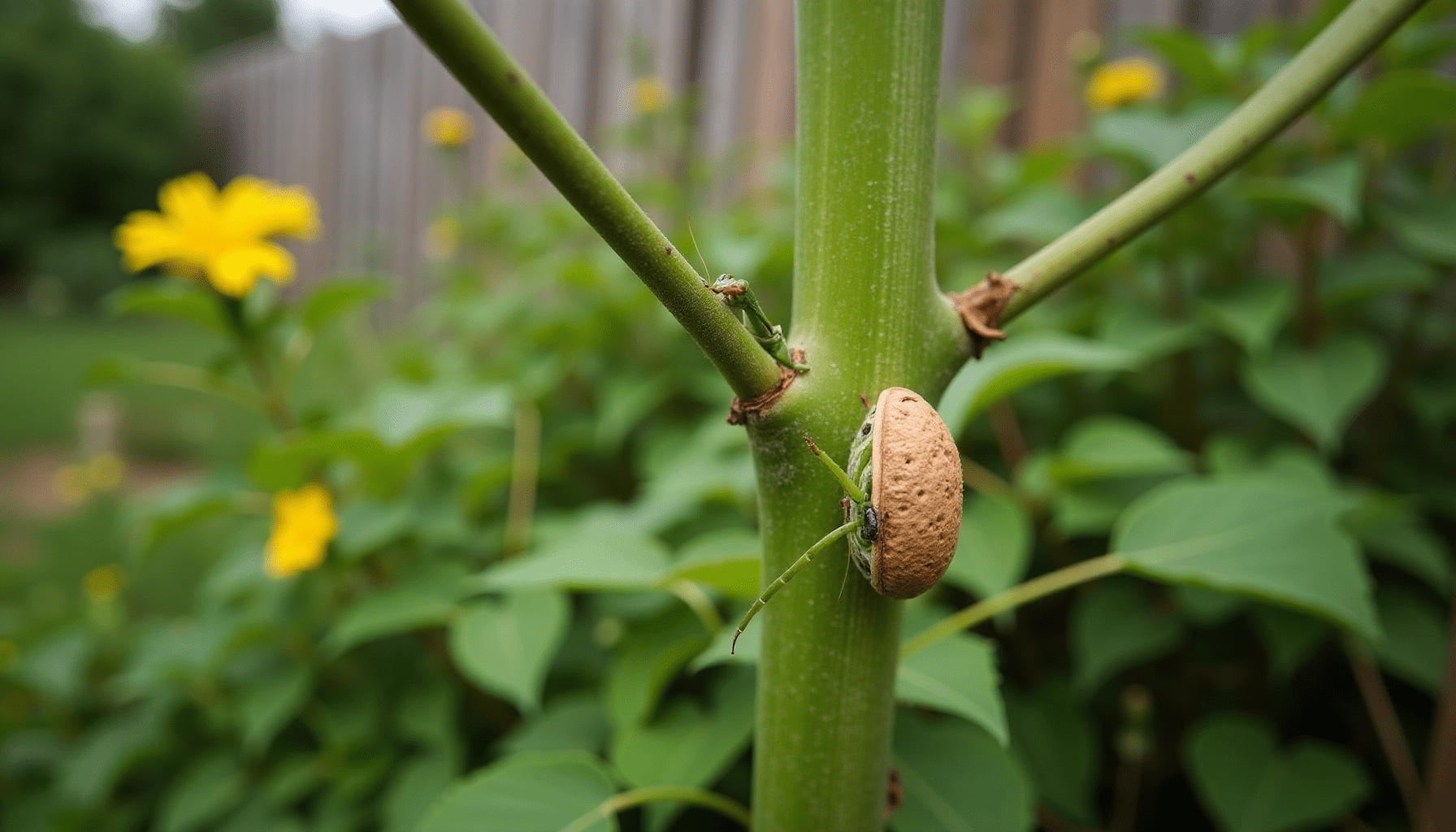 Praying mantis egg case naturally integrated into a lush garden environment, showing its beneficial insect habitat.