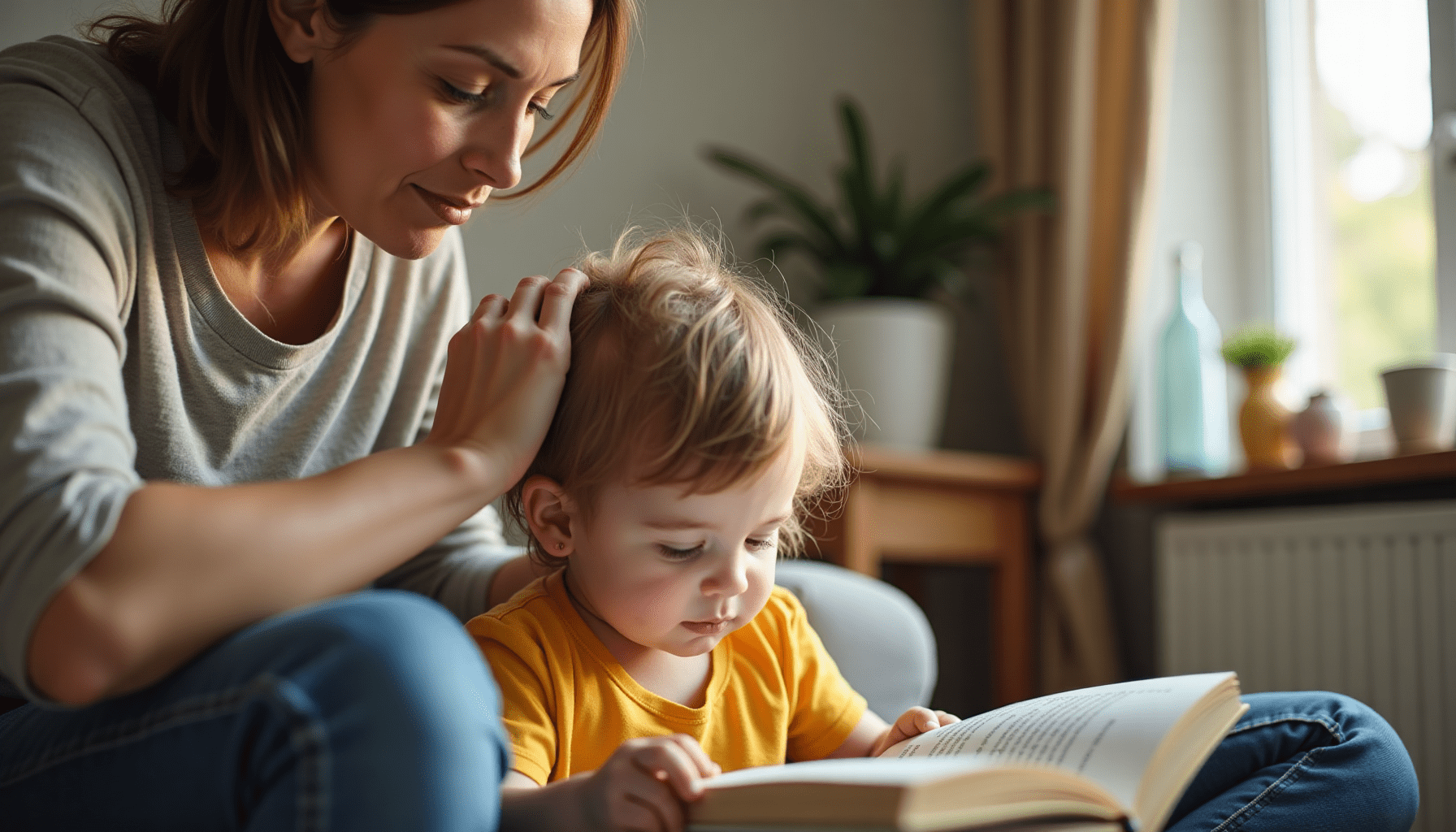 Parent gently checking child's hair by a window, a practical step for lice prevention for kids.