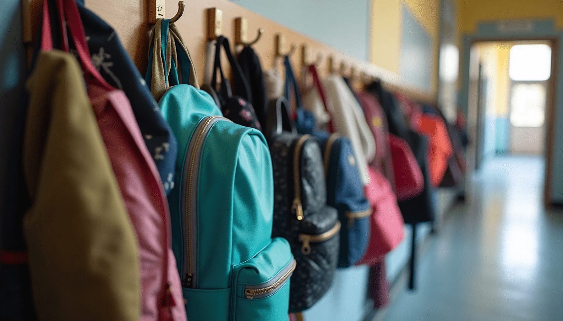 Colorful children's backpacks on school hooks in a hallway, illustrating common areas for lice prevention.