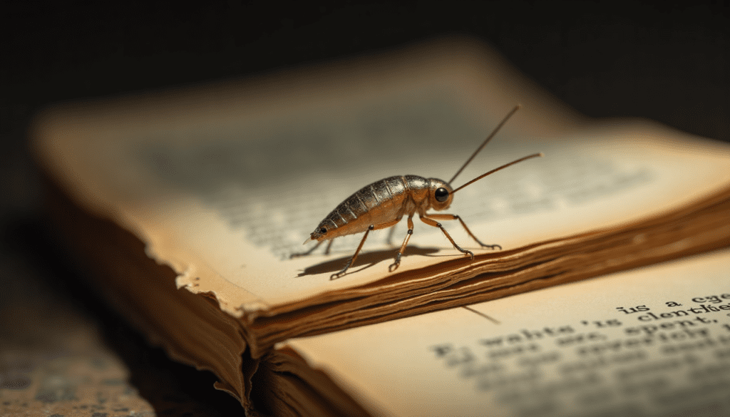 Dramatic macro shot of a silverfish on an old book page, highlighting its scales and antennae, crucial for understanding how to prevent silverfish in books.
