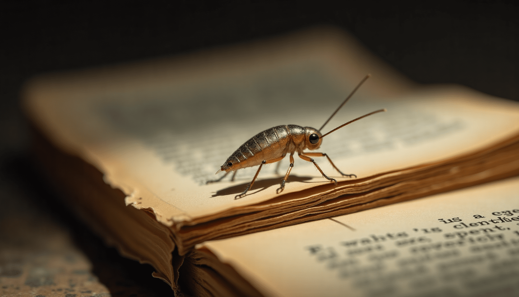 Dramatic macro shot of a silverfish on an old book page, highlighting its scales and antennae, crucial for understanding how to prevent silverfish in books.
