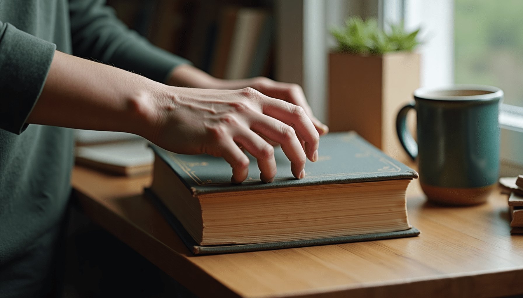 A person with casual clothing inspects an old book on a home bookshelf, checking for signs of damage to protect books from pests like silverfish.