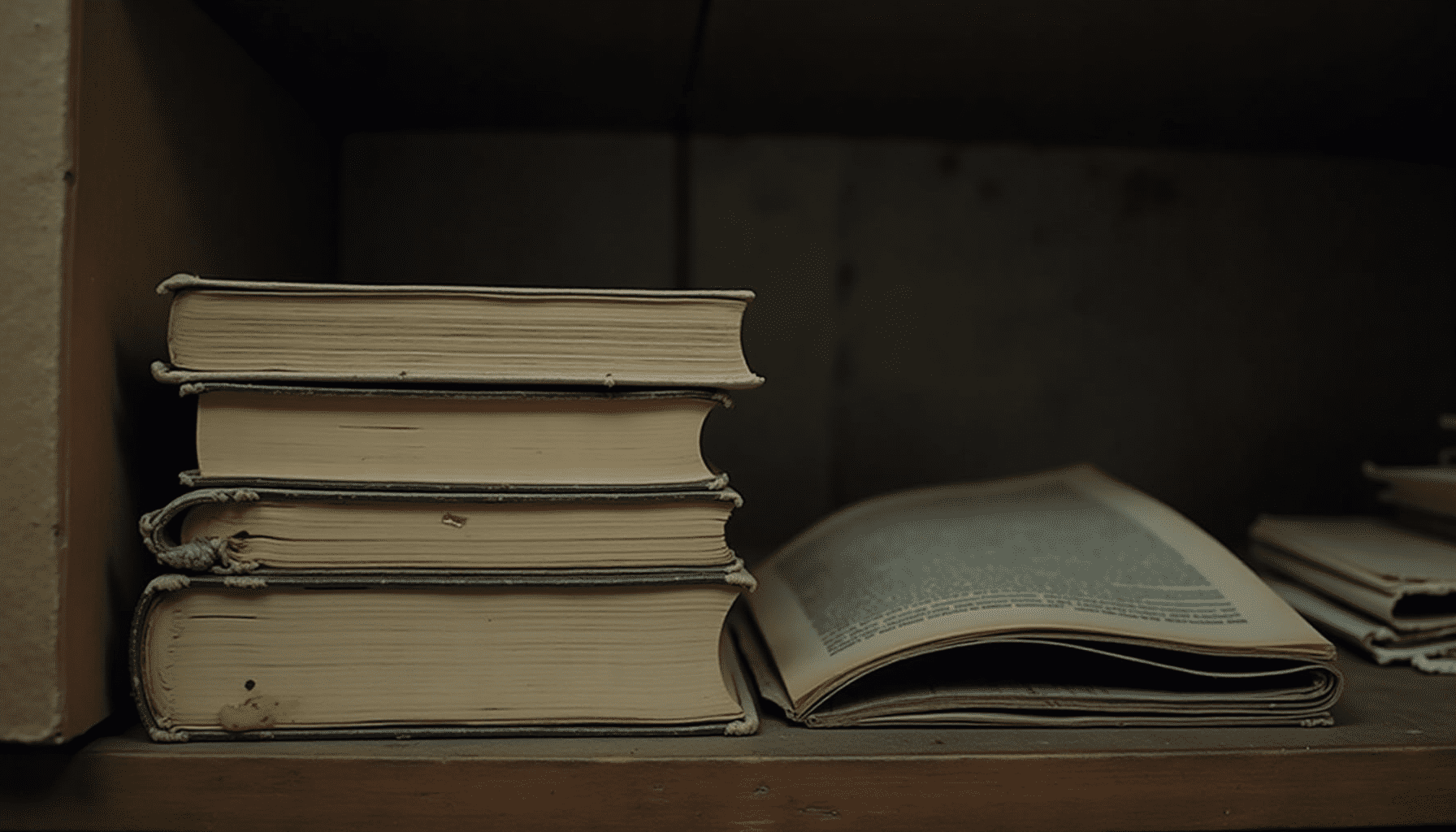 A medium-wide shot of old books and paper storage on a dusty shelf, showing subtle signs of silverfish damage, illustrating environments where silverfish thrive.