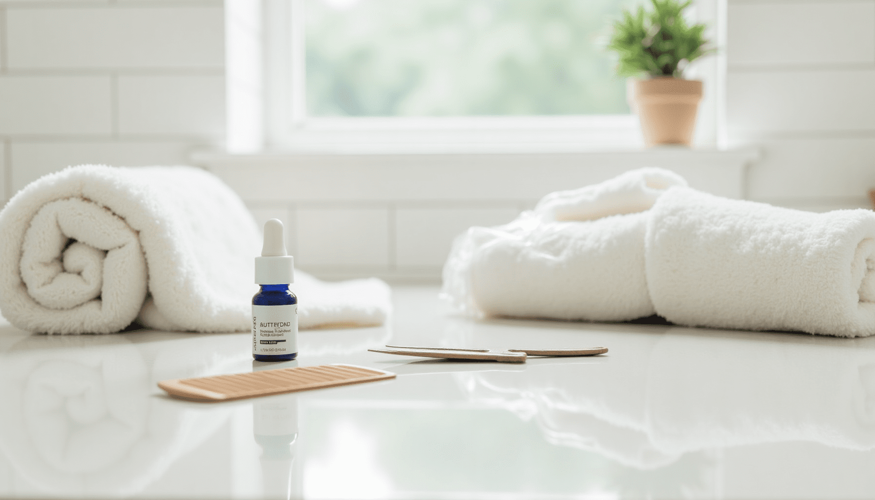 Bathroom counter with lice treatment tools and towel