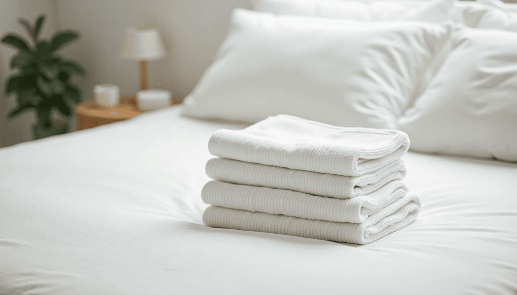 Freshly laundered white towels neatly folded on a bed, symbolizing cleanliness and pubic lice prevention.