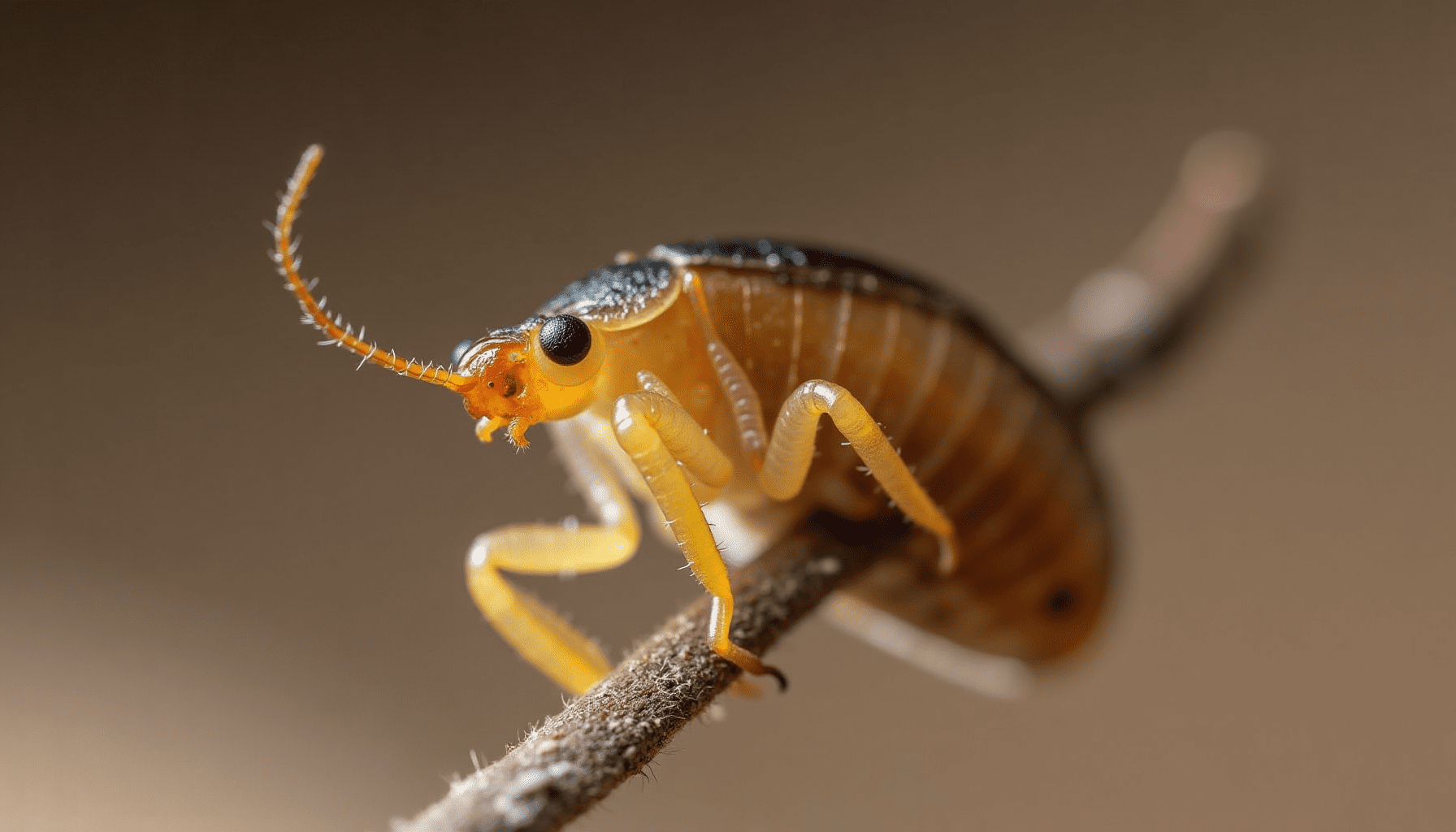 Detailed macro photograph of a pubic louse (Phthirus pubis) on a single strand of human hair, showcasing its crab-like features.