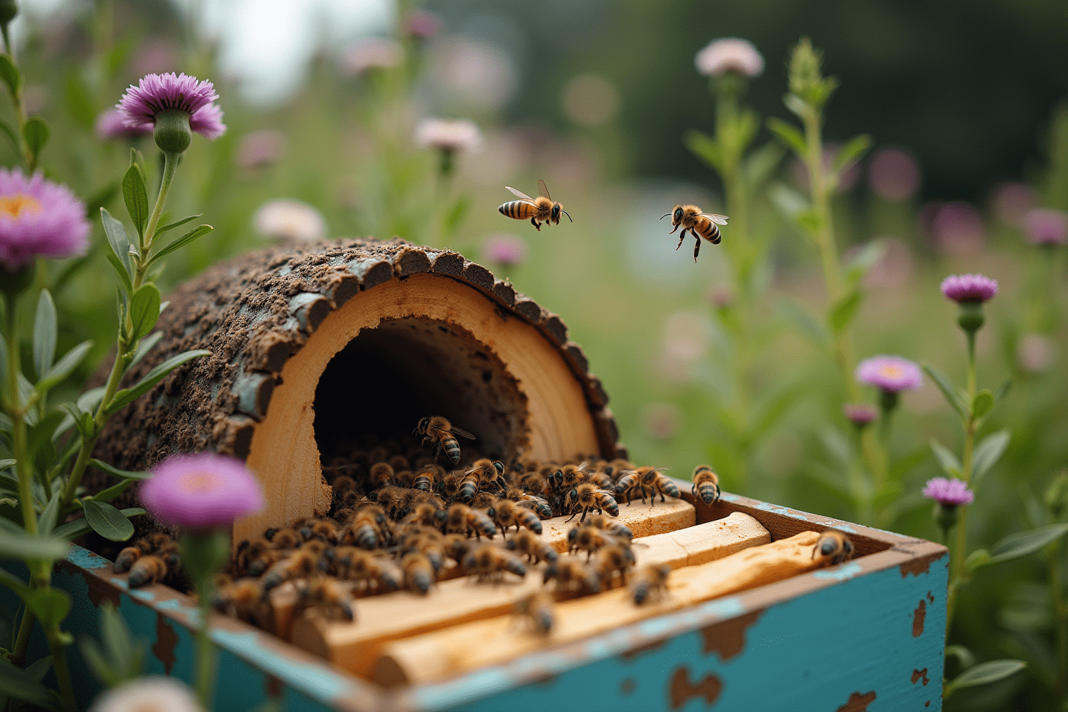 Bee hive in a garden with bees flying, showcasing the habitat of the queen bee.