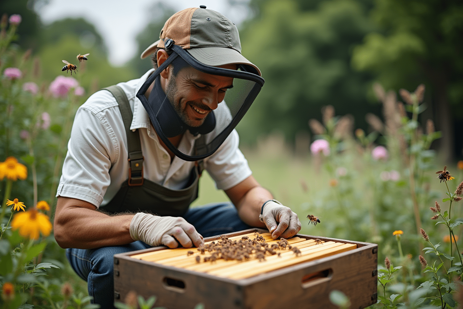 Gardener inspecting a bee hive, highlighting human interaction with bee biology.