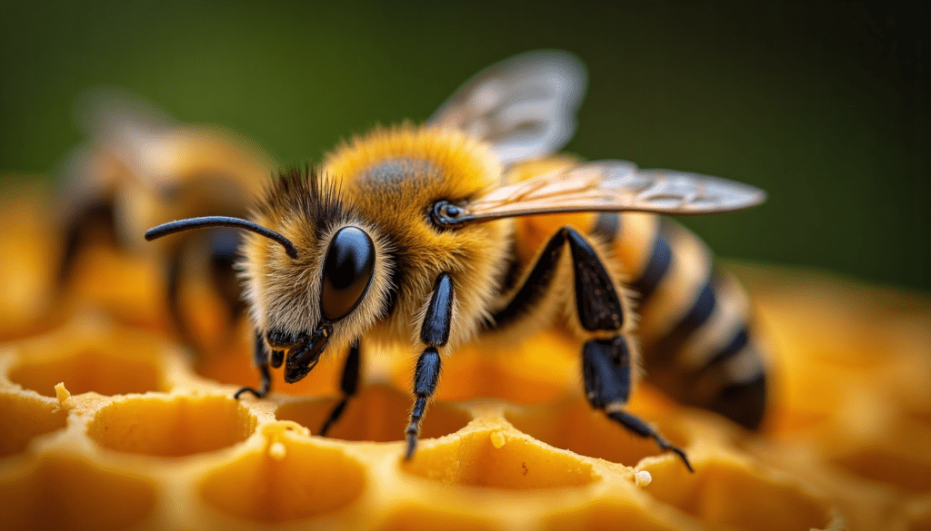 Queen bee surrounded by worker bees on honeycomb, highlighting her size and features.