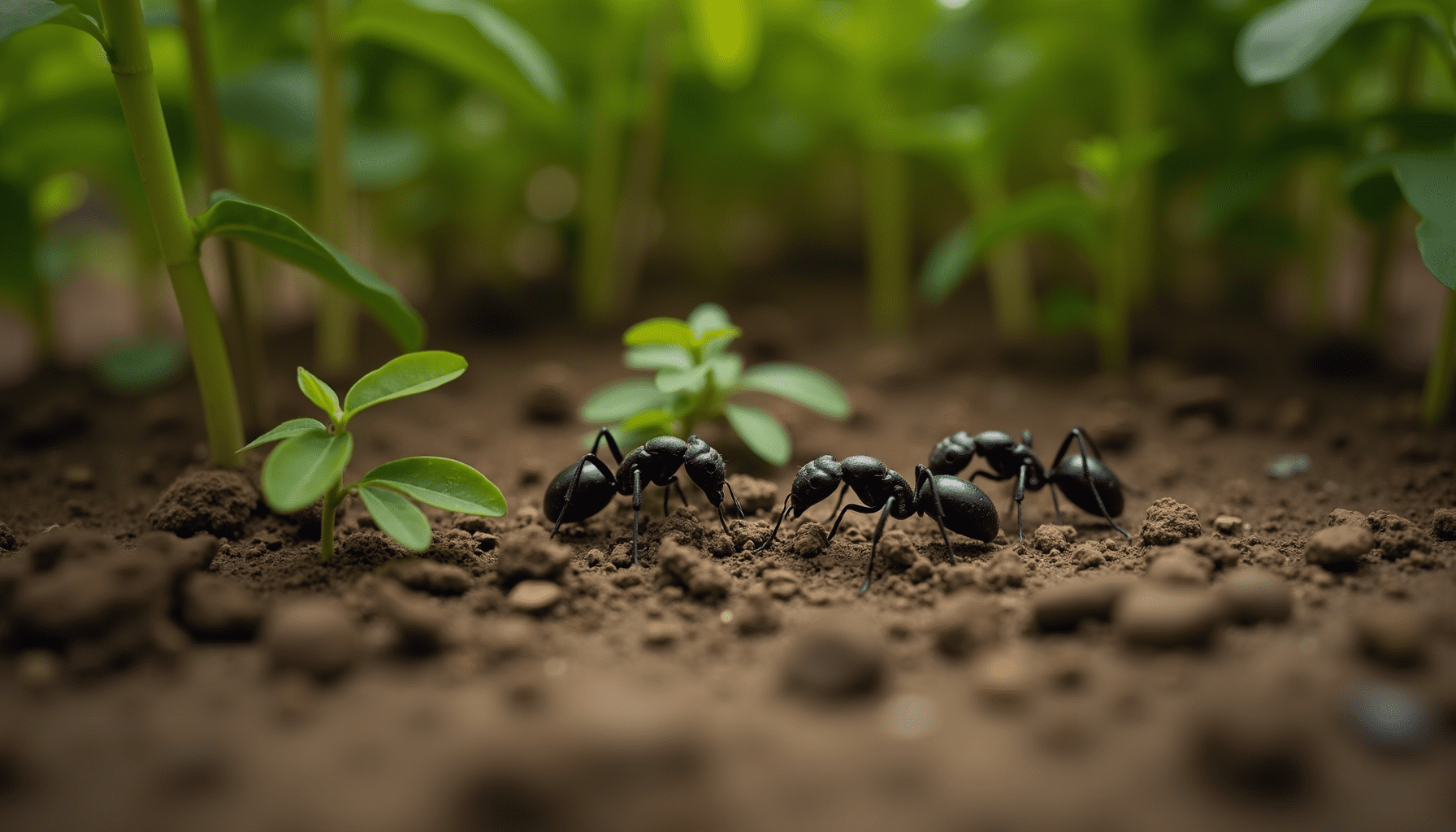 Garden scene with black ants foraging, illustrating ant differences in their natural habitat.