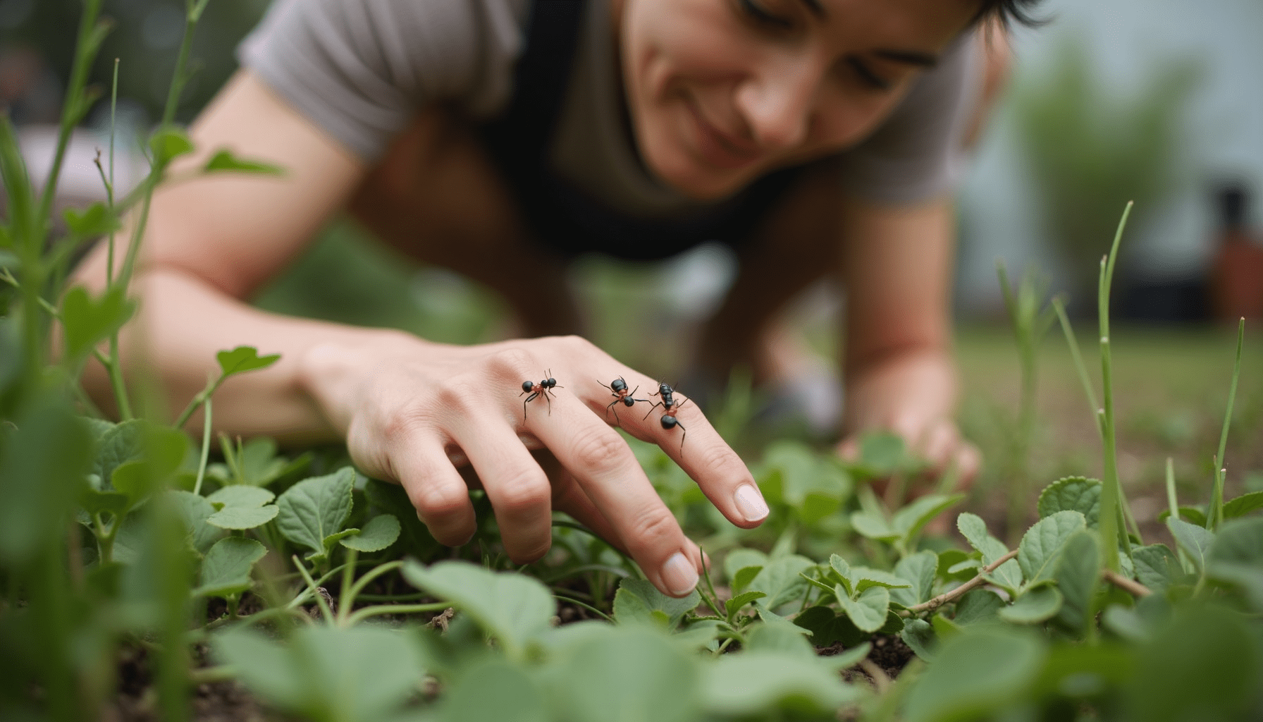 Person inspecting plants for red ants vs black ants, showcasing practical understanding of ant species.