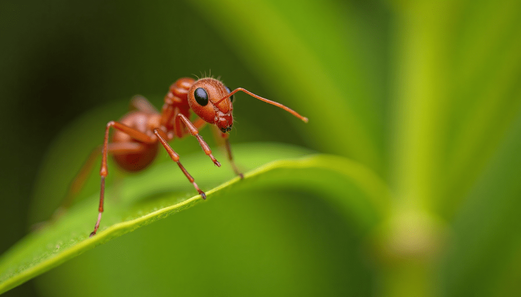 Close-up of a red ant on a green leaf, showcasing details for red ants vs black ants comparison.