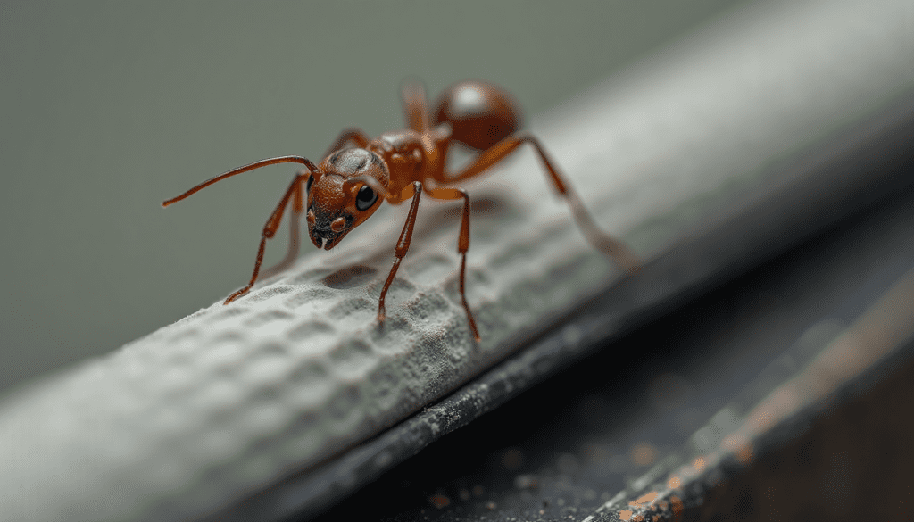 Stunning macro photo of a tiny ant meticulously exploring a rubber RV door seal, highlighting the need for RV insect control.