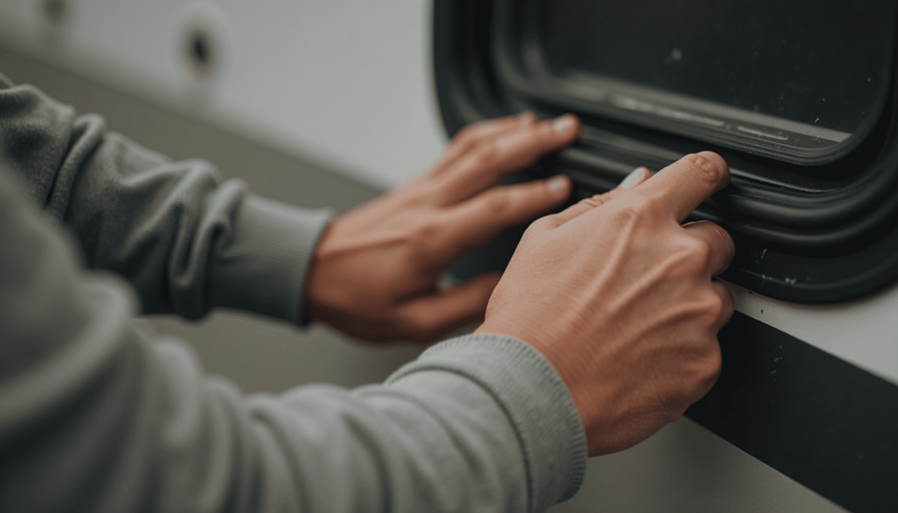 A person's hands carefully inspecting the rubber seal around an RV window for gaps, demonstrating proactive camper pest prevention.