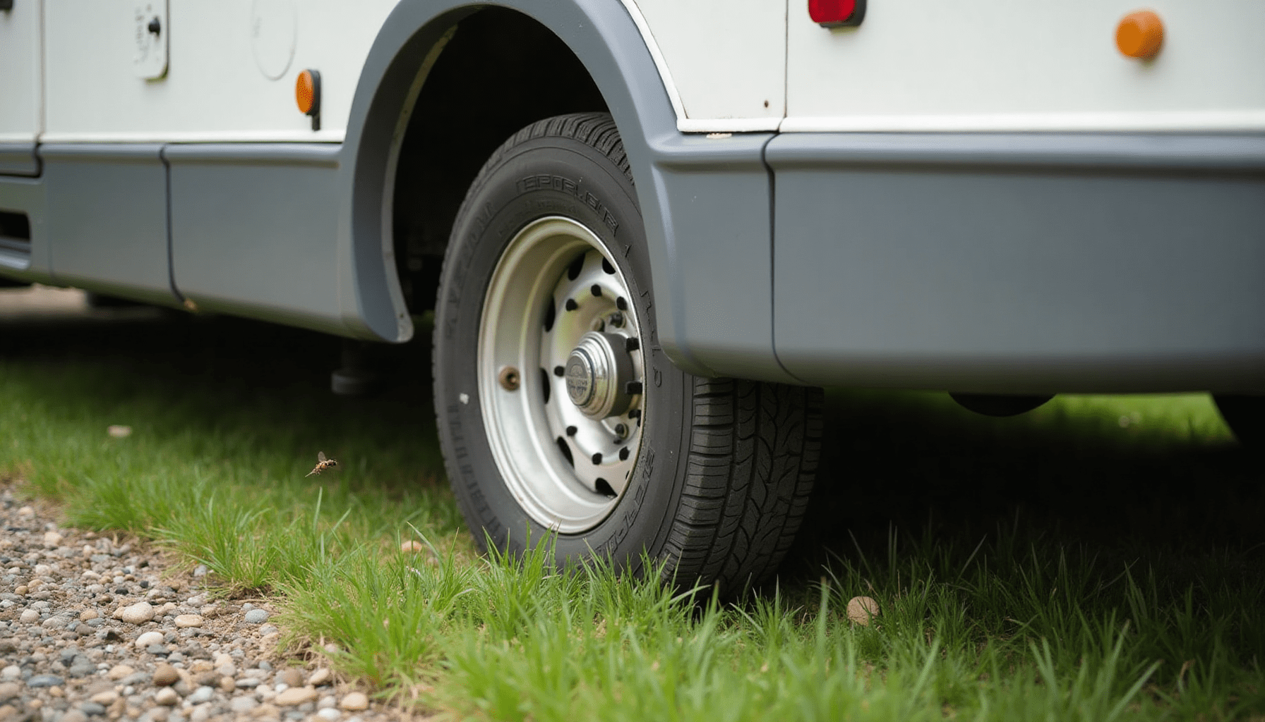 Medium-wide shot of an RV's wheel well, showing a small gap in the skirting, a common entry point for insects, emphasizing RV bug proofing.