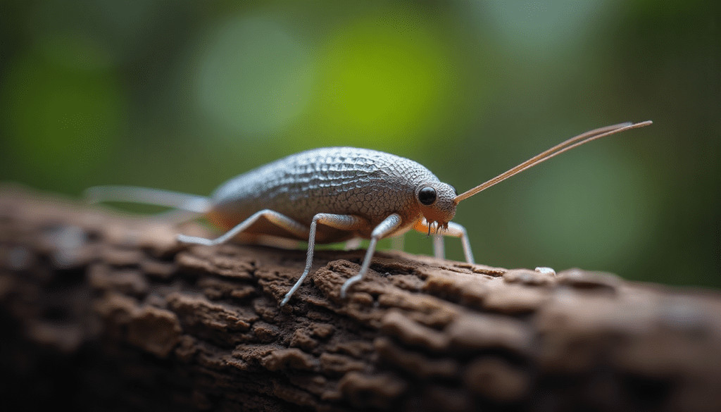 Detailed macro shot of a silverfish on decaying wood, showcasing its silvery scales and long antennae for silverfish identification.