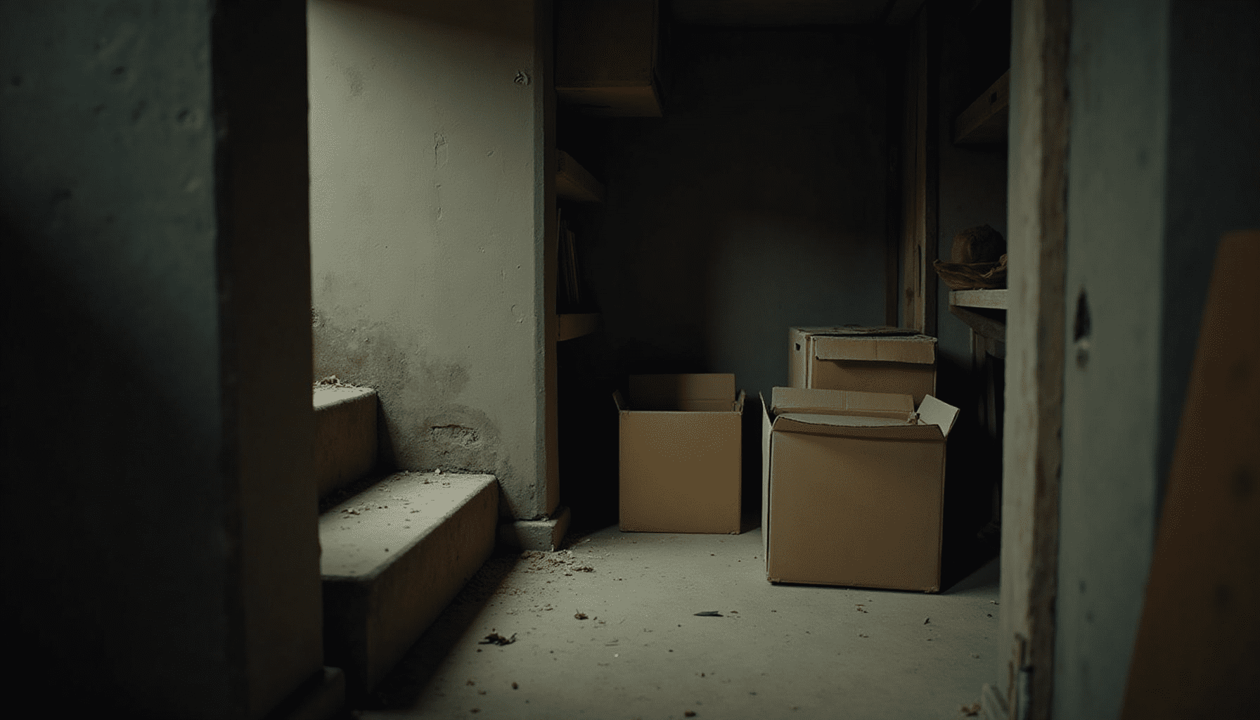 Dusty basement corner with stacked boxes and old books, illustrating common silverfish and firebrat habitats.