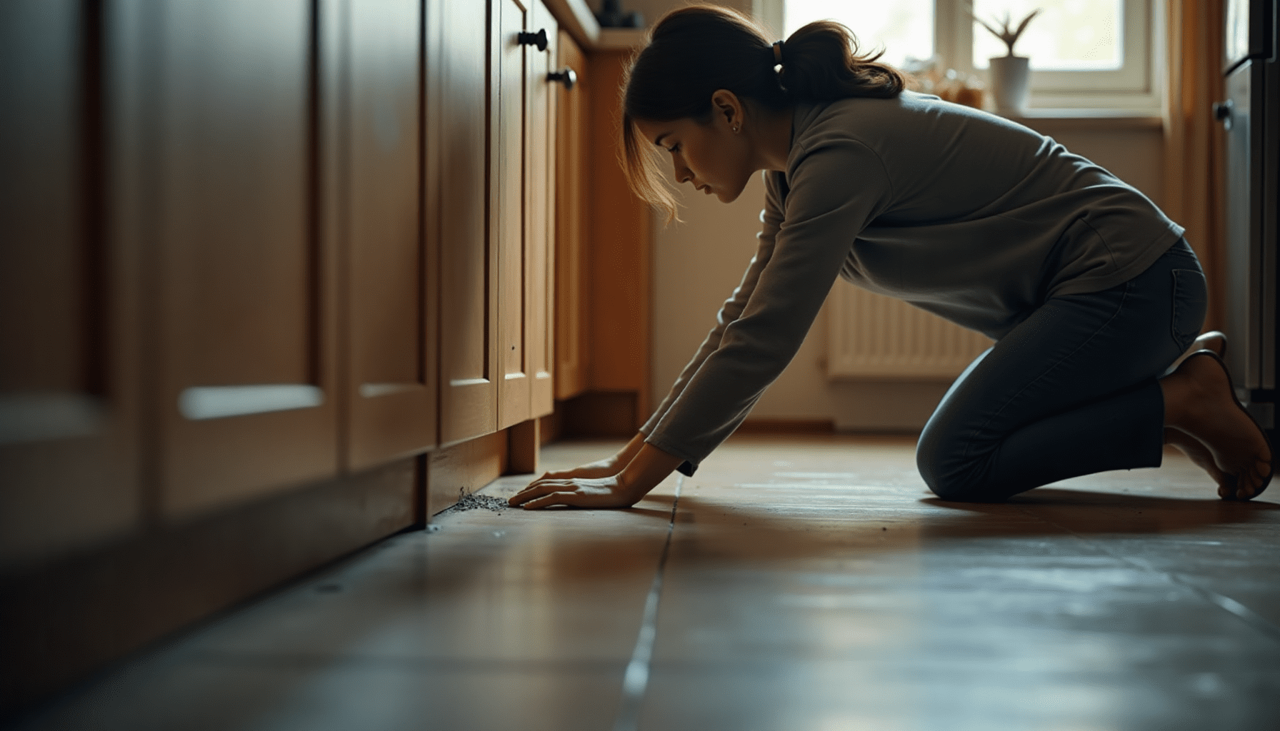 Person inspecting a kitchen corner for signs of silverfish or firebrats, demonstrating practical insect identification.