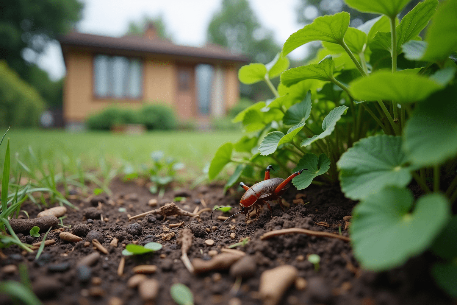 Garden setting depicting potential habitat for smokybrown cockroaches and outdoor roach control.