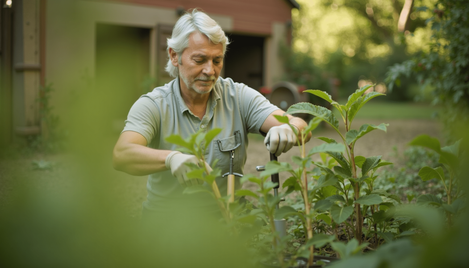 Person inspecting garden plants for smokybrown cockroaches and practicing outdoor roach control.