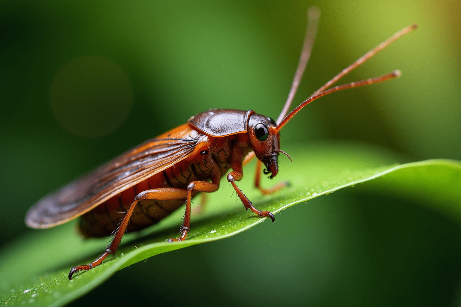 Close-up of a smokybrown cockroach on a leaf, showcasing its details and natural habitat.