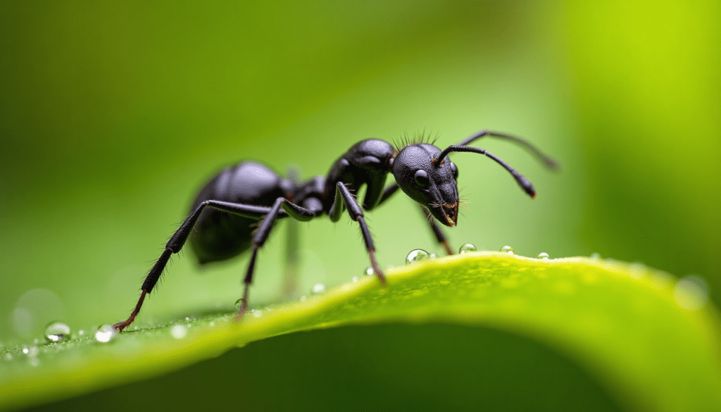 Stunning macro photo of a black garden ant on a dew-kissed green leaf, showcasing spring insect prevention.