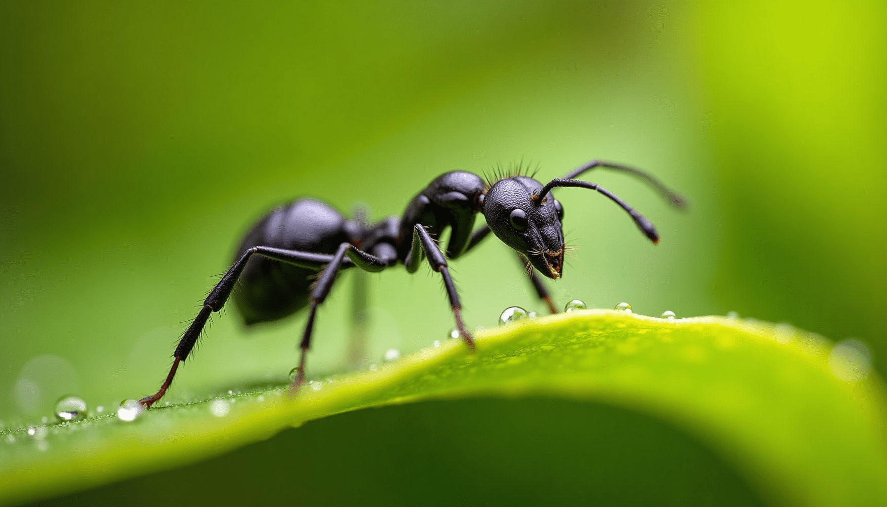 Stunning macro photo of a black garden ant on a dew-kissed green leaf, showcasing spring insect prevention.