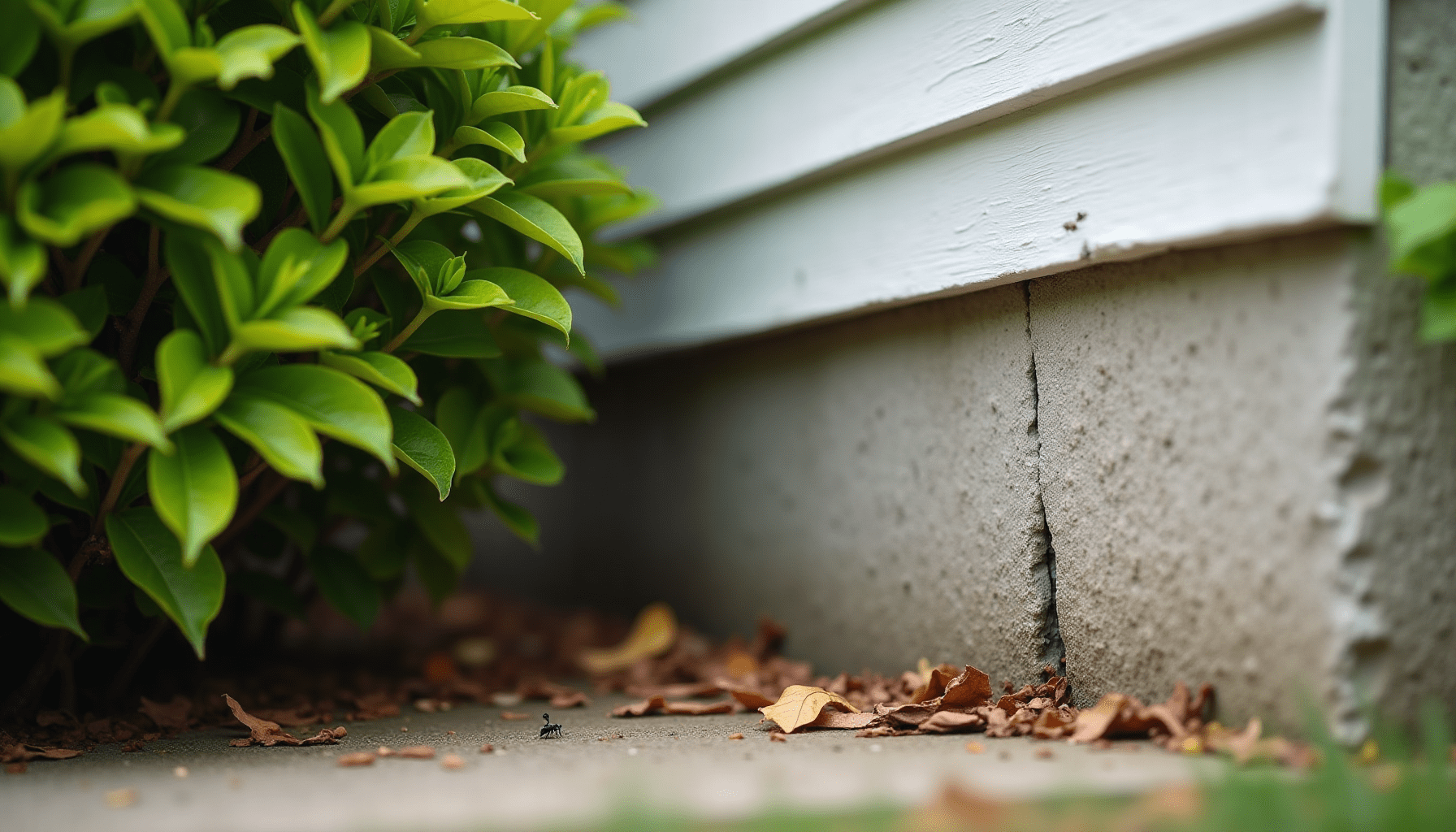 Home exterior with overgrown shrubs near the foundation, highlighting areas for spring pest prevention.