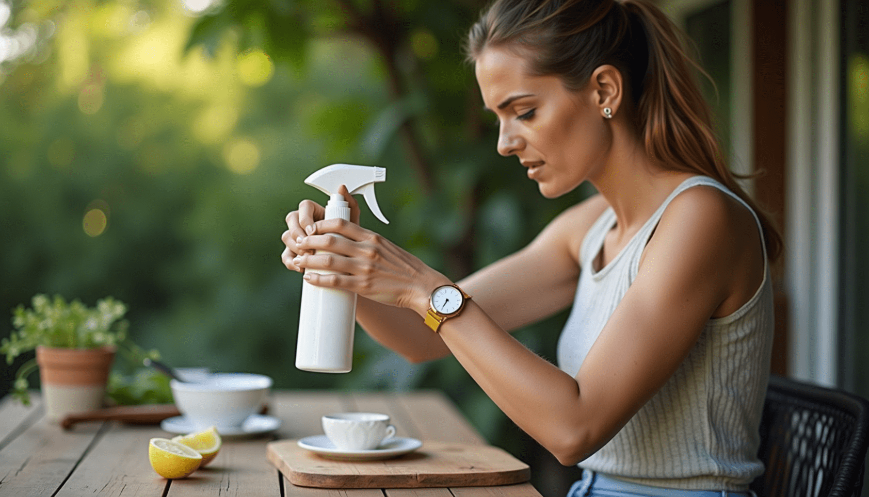Person applying natural bug repellent to arm outdoors, demonstrating practical summer bug protection.