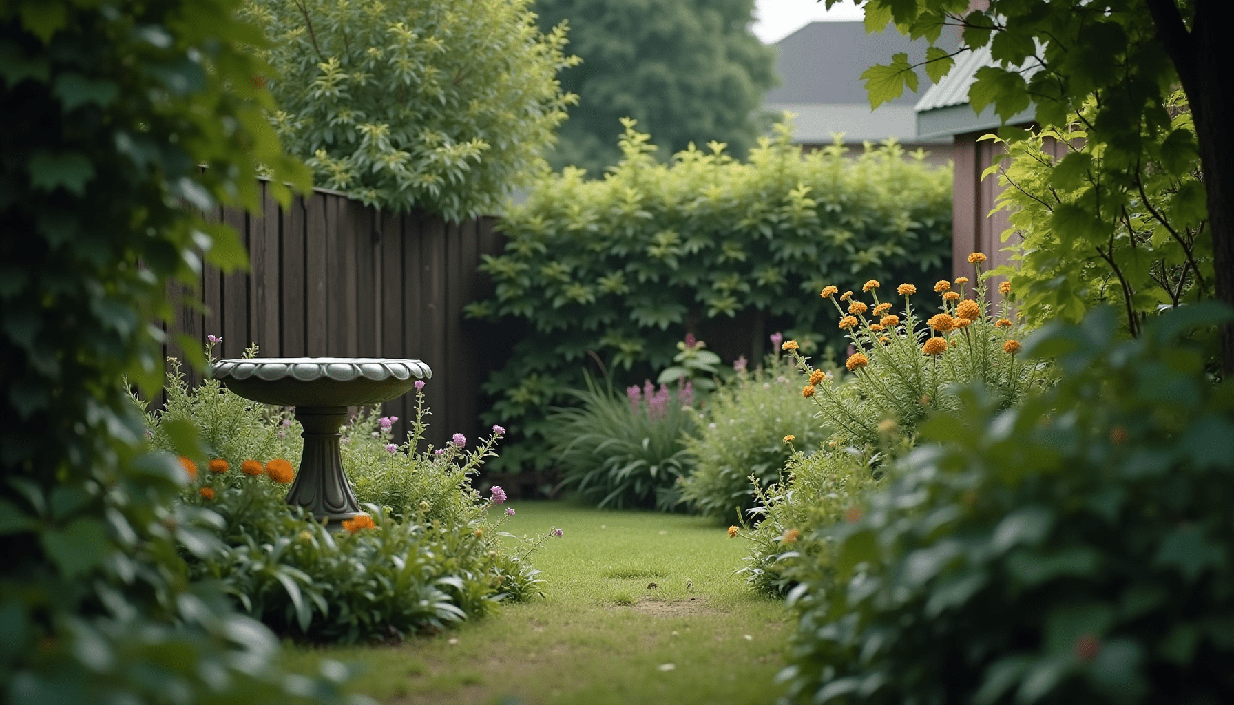 Overcast garden scene with lush plants and a bird bath, illustrating potential insect habitats for outdoor insect guide.