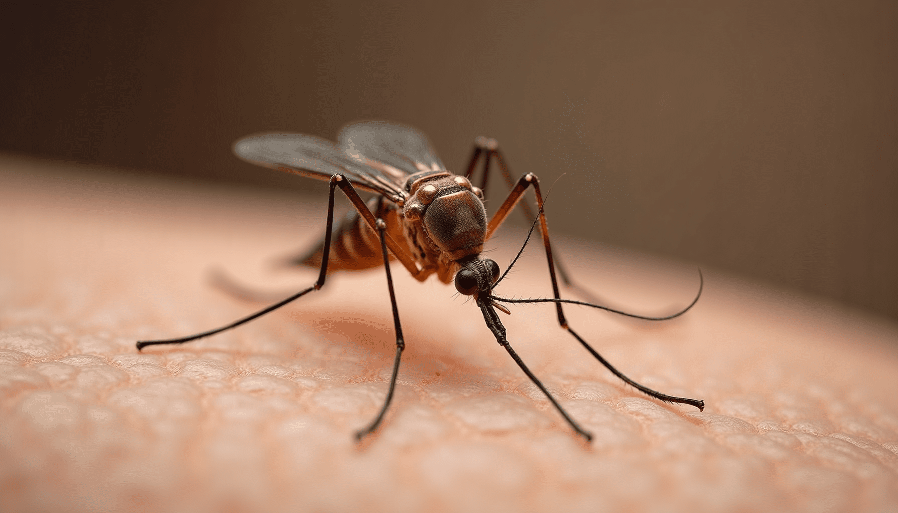 Stunning macro photo of a mosquito on human skin, showcasing its intricate details, highlighting summer bug protection.