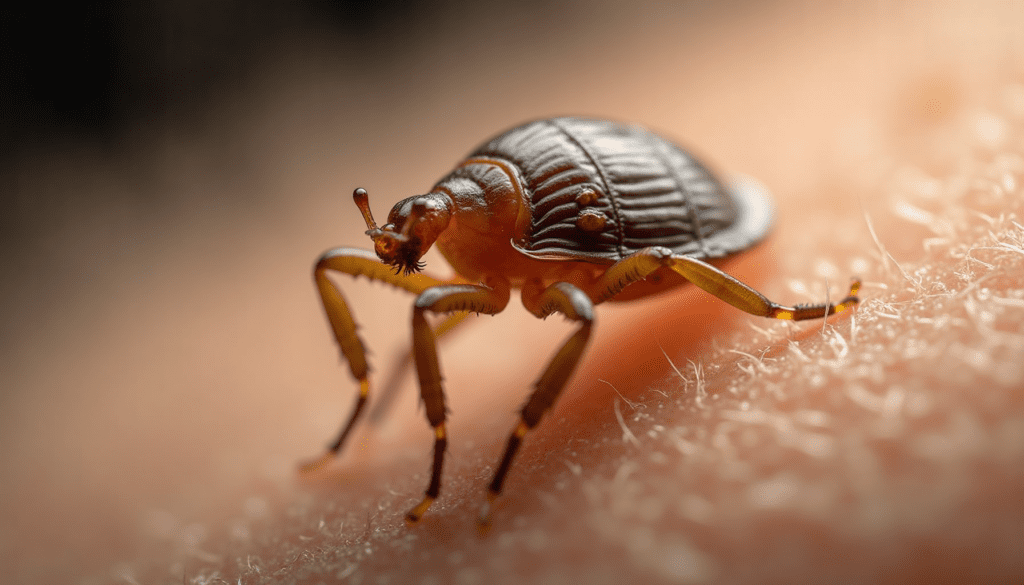 Extreme macro photo of a head louse gripping a human hair strand, highlighting its detailed anatomy and claws.