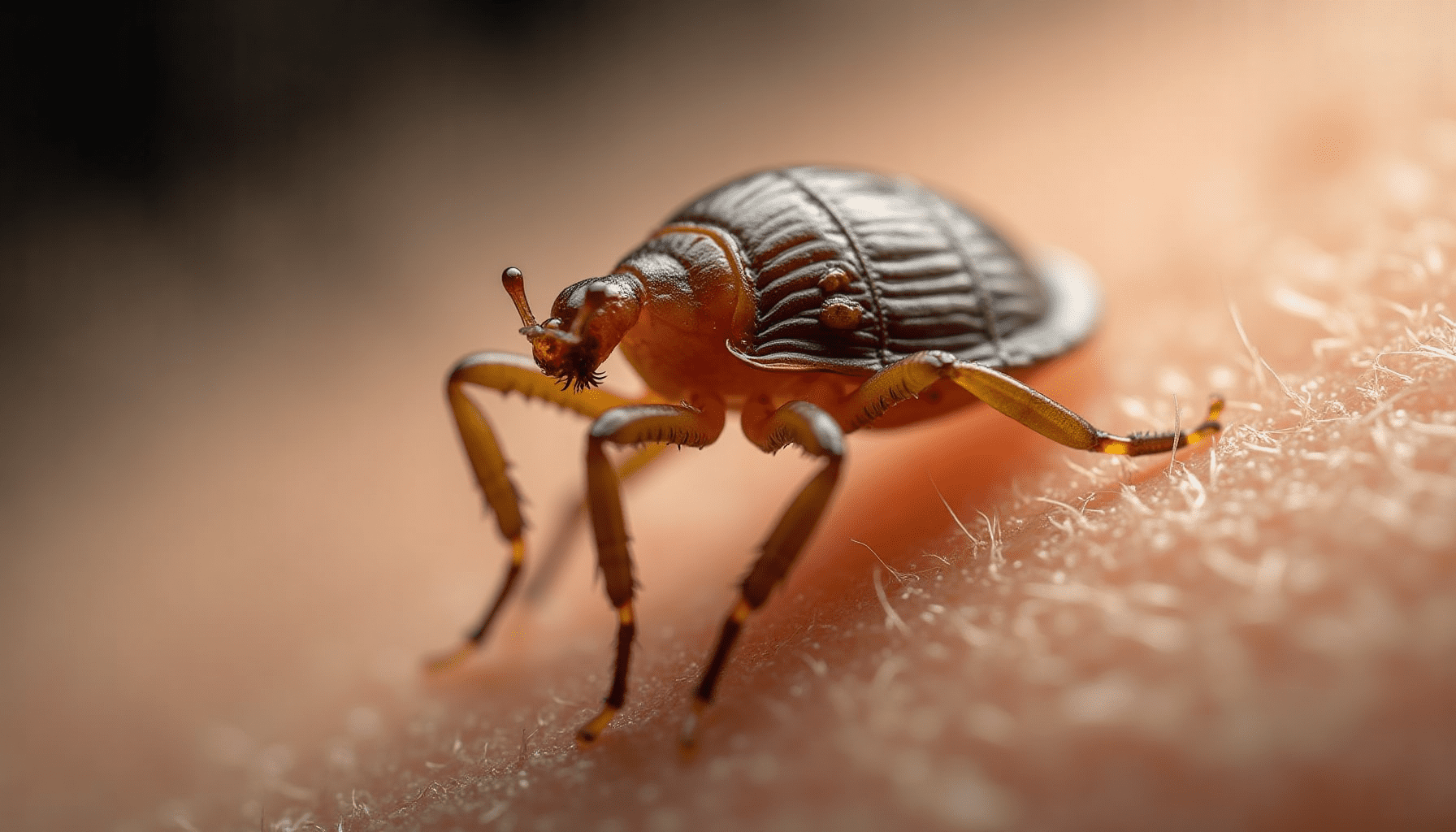 Extreme macro photo of a head louse gripping a human hair strand, highlighting its detailed anatomy and claws.