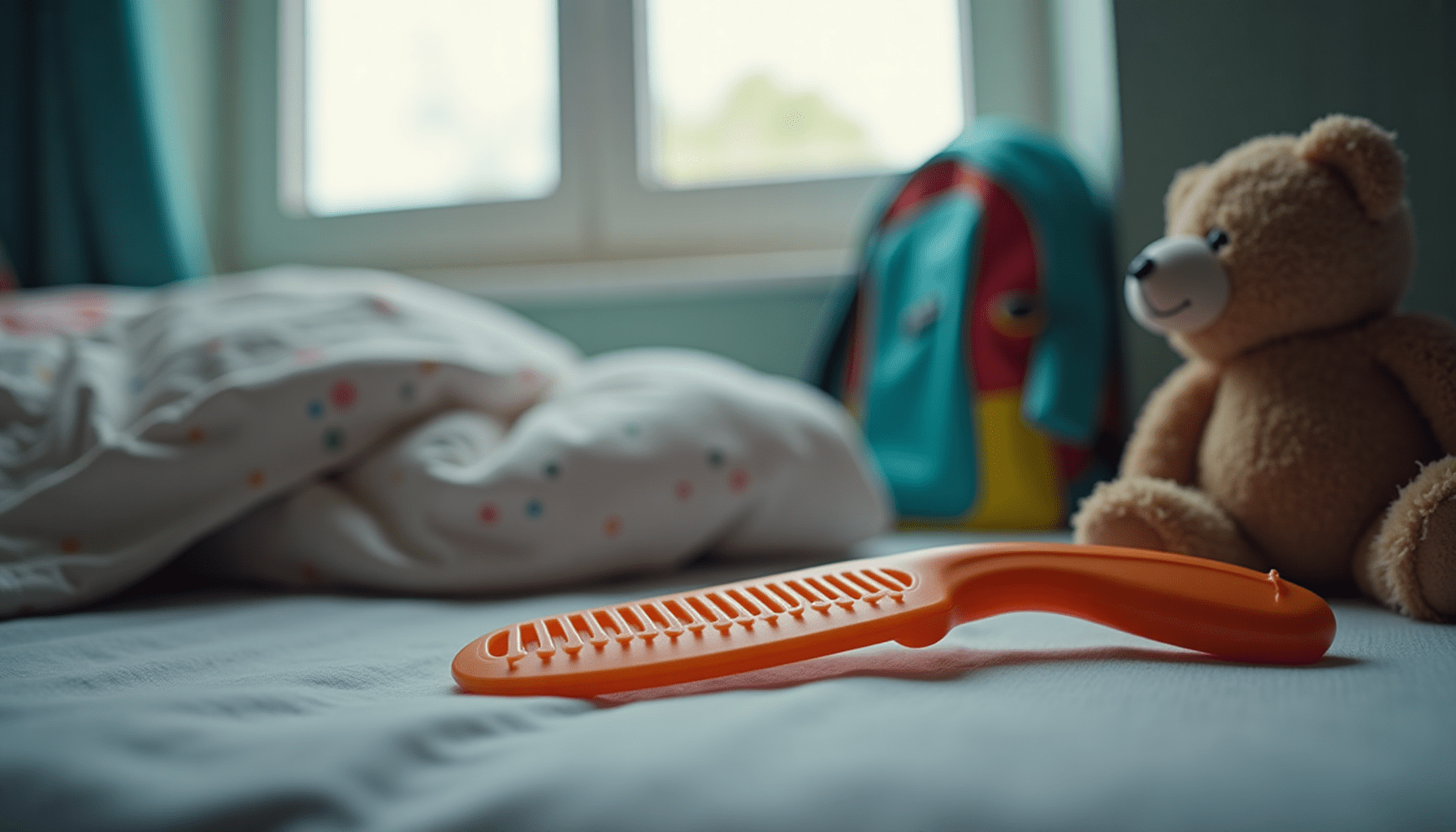 Everyday items in a child's room, including a comb and pillow, representing potential environments for super lice transmission.