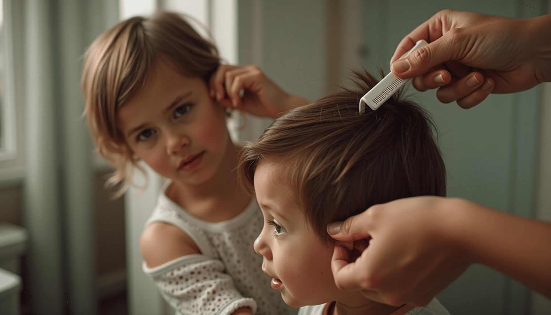 A parent carefully inspecting a child's hair for resistant head lice or nits using a fine-toothed comb.