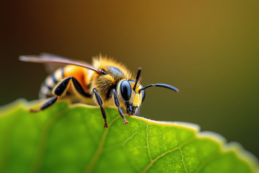 Close-up of a sweat bee on a leaf, highlighting its details and natural habitat.