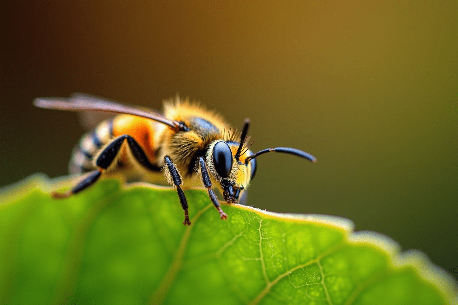 Close-up of a sweat bee on a leaf, highlighting its details and natural habitat.