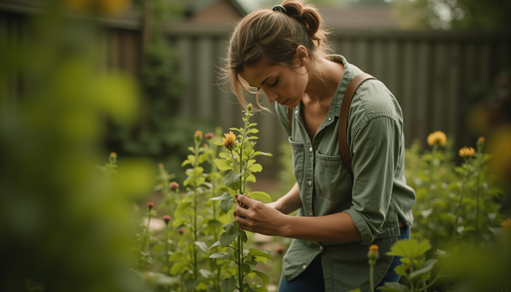 Person inspecting plants in a garden to repel sweat bees with natural methods.