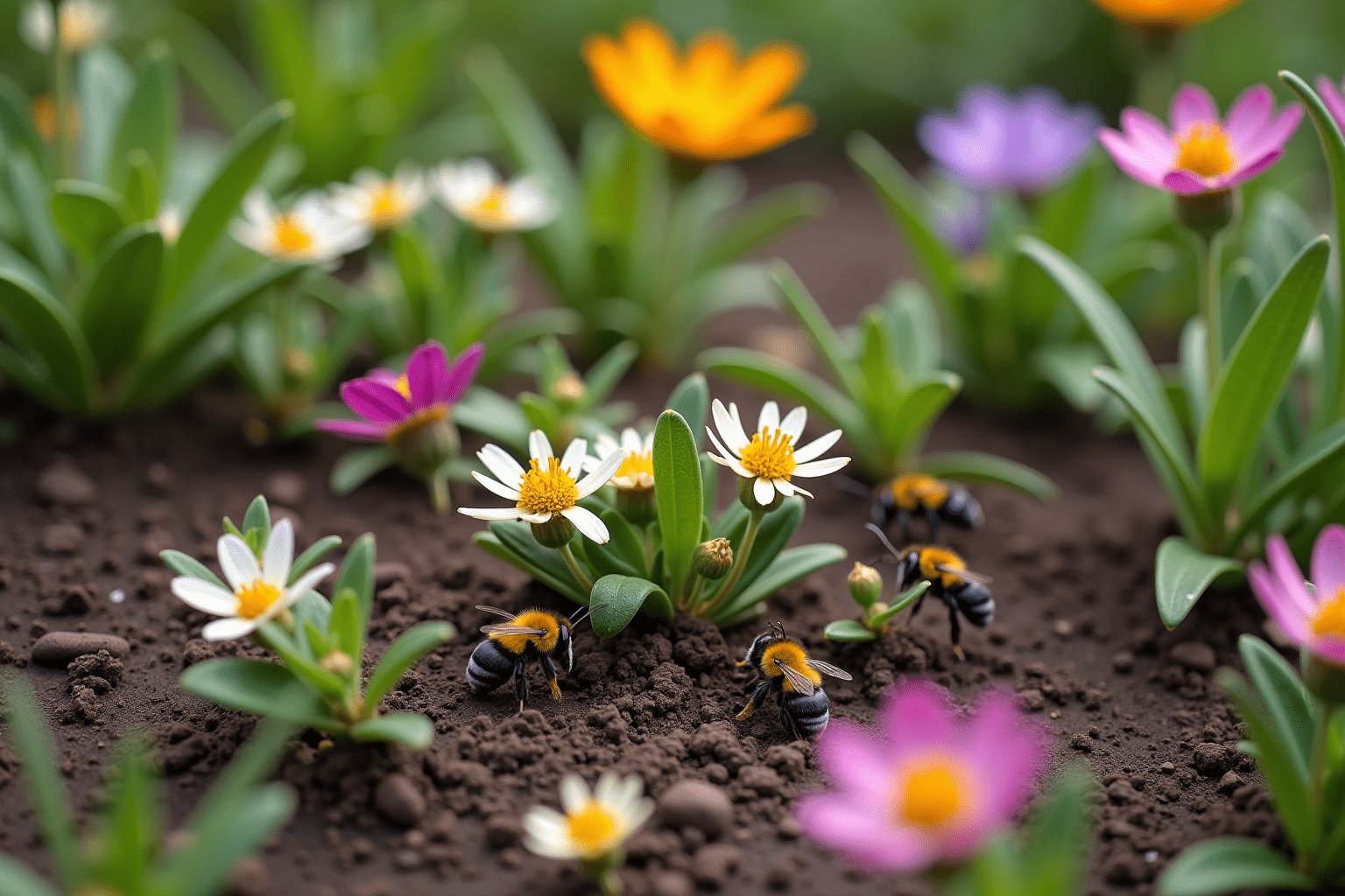 Garden scene showing sweat bees among flowers and plants in a natural setting.