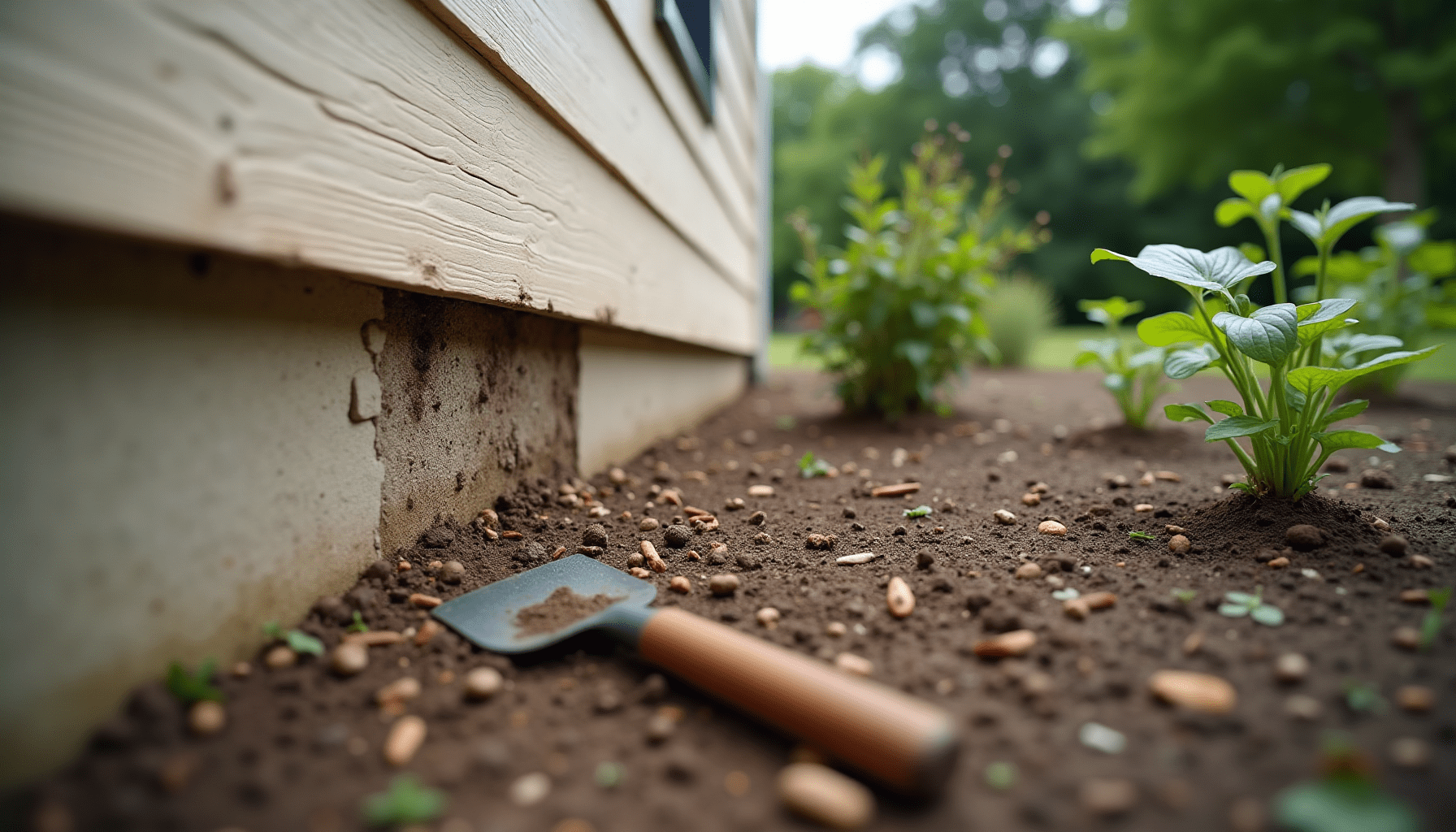 Home exterior showing termite damage signs, illustrating the environment for termite inspection.