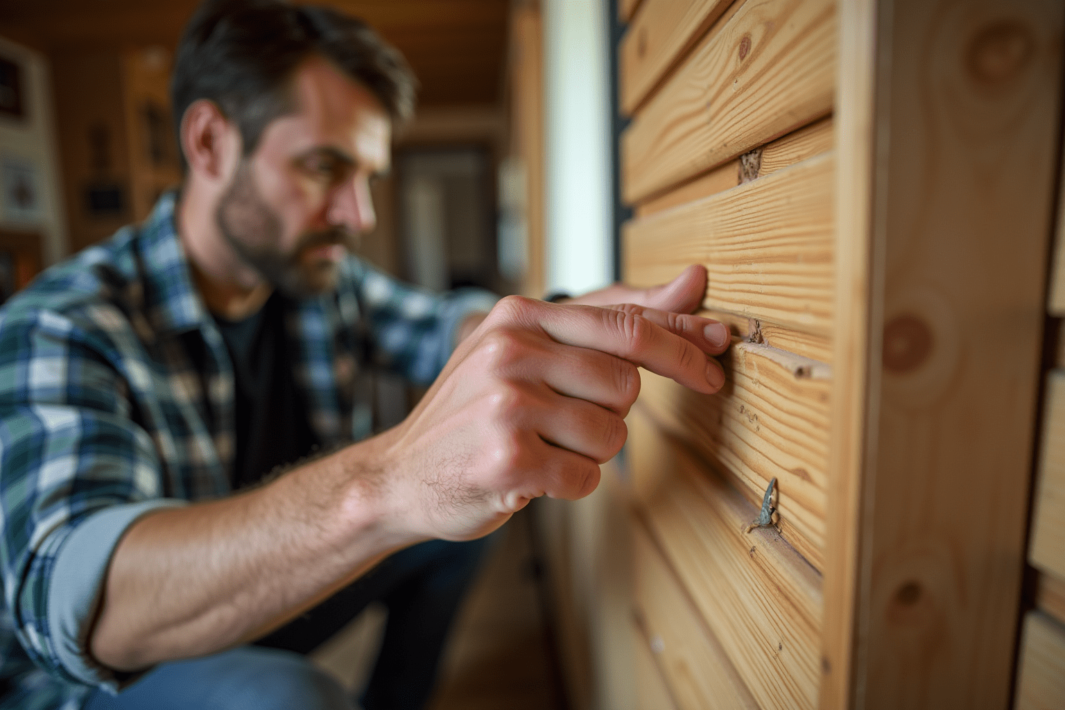 Person inspecting wood for termite damage in a realistic setting.