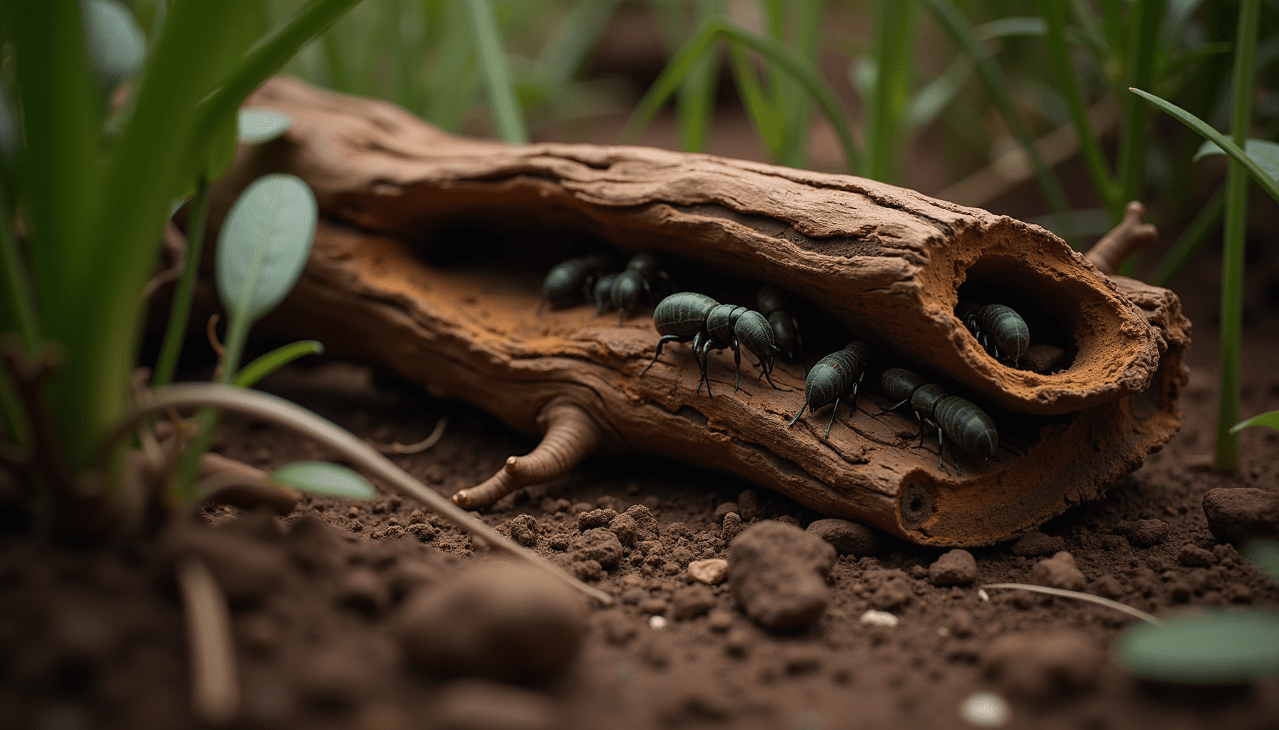 Habitat of a termite colony with decaying wood and signs of activity.