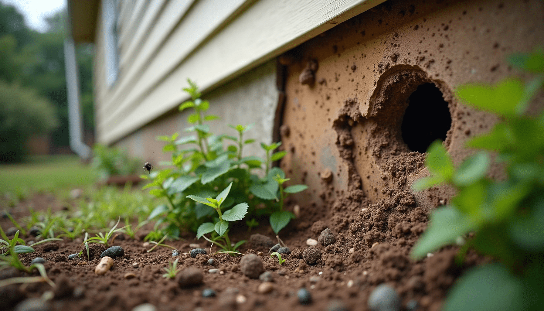Home exterior showing termite damage, highlighting the habitat of termite swarmers and pest identification.